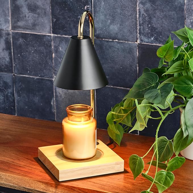 Mikasa 5.9x5.9x13.4 Inch Candle Warmer Lamp with Black Metal Shade and Wood Base, Electric Candle Warming Lamp with Dimmer