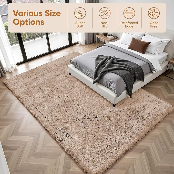 Area Rug for Living Room Bedroom: 9x12 Camel Soft Fluffy Shag Upgrade Non-Slip High Pile Carpet Large Fuzzy Plush Indoor Floor Decor Shaggy Rug for Kid Boys Girls Dorms Playroom Nursery Modern Home