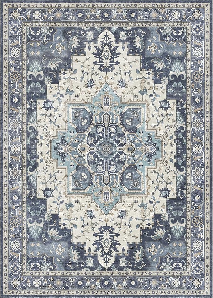 GENIMO Area Rug 2x3 Doormat, Machine Washable Low Pile Rugs, Small Retro Chenille Entryway Mat for Entrance, Hallway, Kitchen and Corridor, Center Blue
