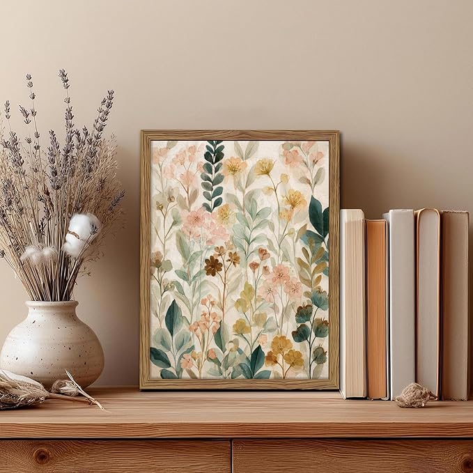 Framed Boho Floral Wall Art, Neutral Botanical Wildflower Canvas Wall Decor Painting, Vintage Flower Poster Print Picture for Living Room Bathroom Bedroom 12x16 Inch