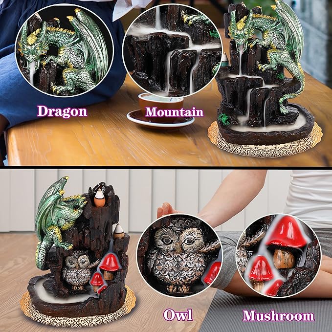 Dragon Backflow 2 Sided Mountain Waterfall Incense Burner,Fountain Smoke Incense Holder with Backflow Incense Cones, Tweezers, Mat,Resin Aromatherapy Meditation (Green)