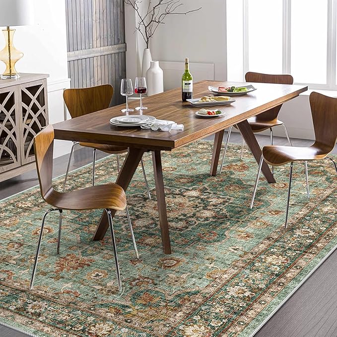 TOPRUUG Washable Oriental Area Rug - 5x7 Rugs for Living Room Soft Carpet for Bedroom Waterproof Floral Distressed Indoor Stain Resistant Non-Shedding Floor Carpets (Green, 5x7)