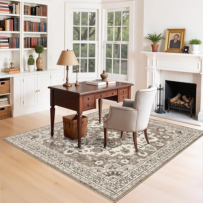 TOPRUUG Washable 5x5 Rug Square - Ultra Soft Living Room Area Rug Under Sofa Non-Slip Rugs for Bedroom Dining Room - Stain Resistant Farmhouse Decor for Family with Pets & Kids (Beige, 5x5)