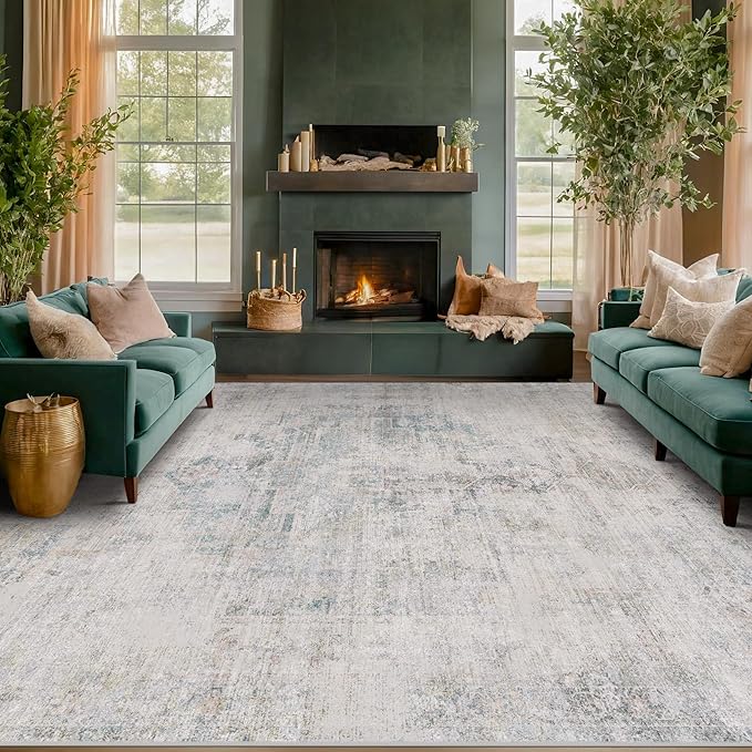 Washable 8x10 Bedroom Rug - Blue Grey Modern Area Rug for Living Room, Dining Room Table, Non Slip Soft Faded Print Carpet, Stain Resistant