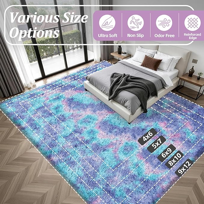 Fluffy Area Rugs 9x12 Living Room Bedroom: Ultra Soft Shag Rug Upgrade Non-Slip Non-Shedding Large Fuzzy Plush Carpet Indoor Floor Carpets for Kids Room Playroom Nursery Dorms Home Rainbow Purple