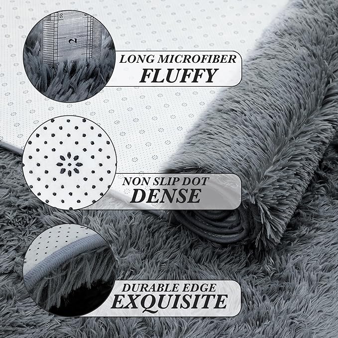 Fluffy Area Rugs for Bedroom 5x7: Shag Rugs for Bedroom - Living Room Area Rug 5x7 Grey Plush Fuzzy Soft Carpet - Teenage Room Dorm Decor Carpets