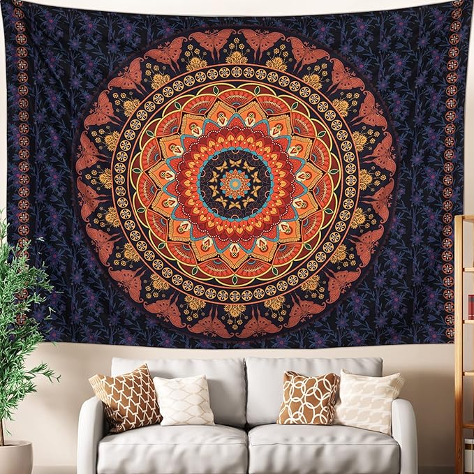 Edeesky Boho Mandala Tapestry Aesthetic Wall Hanging Psychedelic Hippie Butterfly Tapestries Vintage Wall Art Home Decor for Bedroom,Living Room,Dorm(Red