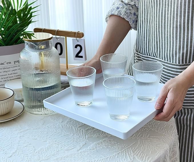 Square Tray for Organization, 11 Inch Plastic Serving Tray, Multi-Purpose Decorative Tray for Bathroom Countertop, Dresser, Ottoman & Coffee Table, Vanity Tray for Jewelry & Makeup, White