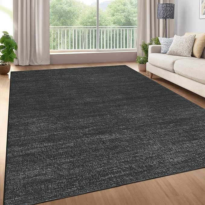 5x7 Washable Rugs Non Slip Minimalist Area Rug for Bedroom Soft Low Pile Solid Color Large Bedroom Throw Carpet Stain Resistant Classic Neutral Area Rug Plain Boho Rugs for Kitchen Nursery, Black