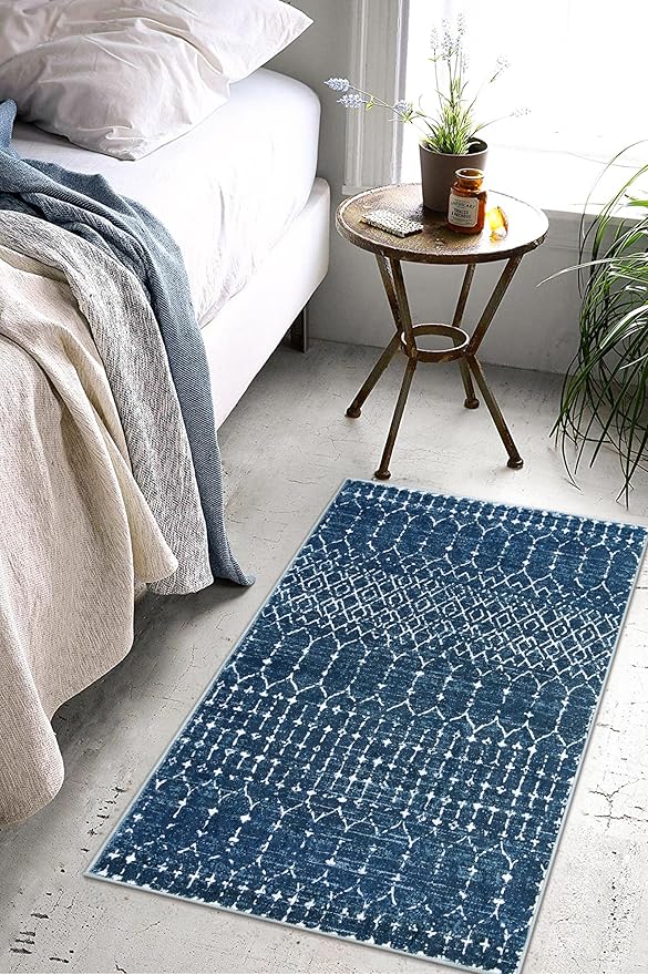 Lahome Moroccan Indoor Rugs for Entryway 2x3 Area Rug Non-Slip Backing Washable Inside Door Mats Low-Profile Throw Soft Rugs for Bathroom, Geometric Print Distressed Blue Rug for Kitchen Bedside Hana