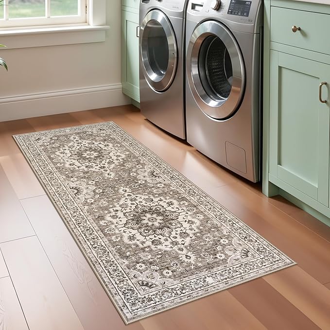TOPRUUG Washable Entryway 2x5 Rug - Small Throw Runners for Kitchen Bathroom Bedroom Non-Slip Ultra-Thin Indoor Door Mat Indoor Entrance - Stain Resistant Vintage Home Decor (Beige, 2X5)
