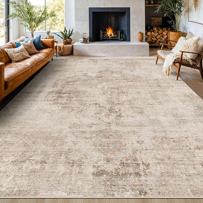 Hazo Haus Neutral Living Room Rug - 10x14 Farmhouse Beige Brown Large Area Rug for Dining Room, Bedroom, Low Pile Lightweight Washable