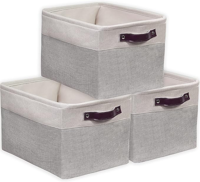 Simple Houseware Large Fabric Storage Bin, 15" x 11" with Leather Like Handles, 3 Pack, Gray