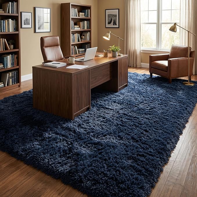 Large Area Rugs for Living Room, 9x11 Soft Fluffy Shaggy Rug, Machine Washable Non-Slip Plush Fuzzy Indoor Carpet, Aesthetic Home Decor for Bedroom,Kids Room,Nursery,Dorm, Navy Blue