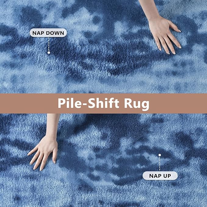 FinRèc 5x7 Washable Area Rugs for Bedroom Living Room, Low Pile Thin Ultra Soft Shag Rug, Non-Slip Carpet Indoor for Home Decor (Tie-dye Teal)