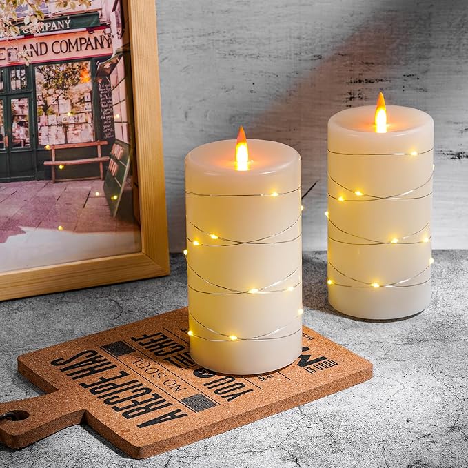 HaitanghuaRechargeable Flameless Candles, LED Candles, Candles with Remote and Timers, Real Wax Pillar Candles, with Flickering Embedded Star String,Ivory White, Set of 2