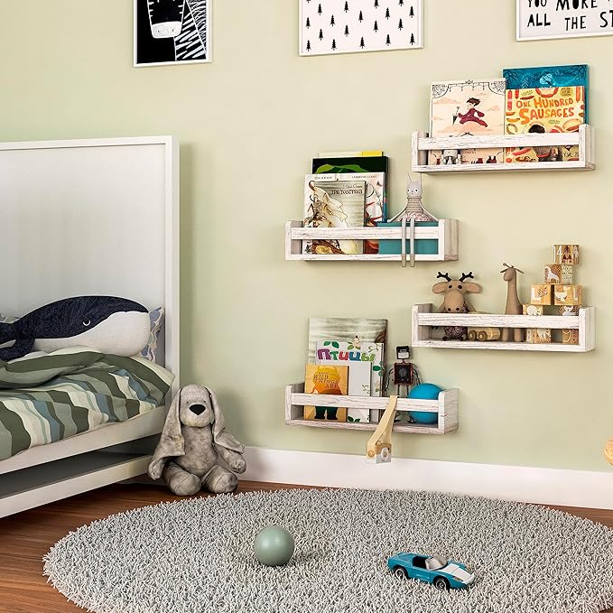 NATURE SUPPLIES Set of 4 Whitewashed Nursery Room Shelves 16.4'', Solid Wood Ideal for Books Toys and Decor, Wall Bookshelf Kids Bedroom, Bookshelf, Nursery Book Shelves, Floating Grey