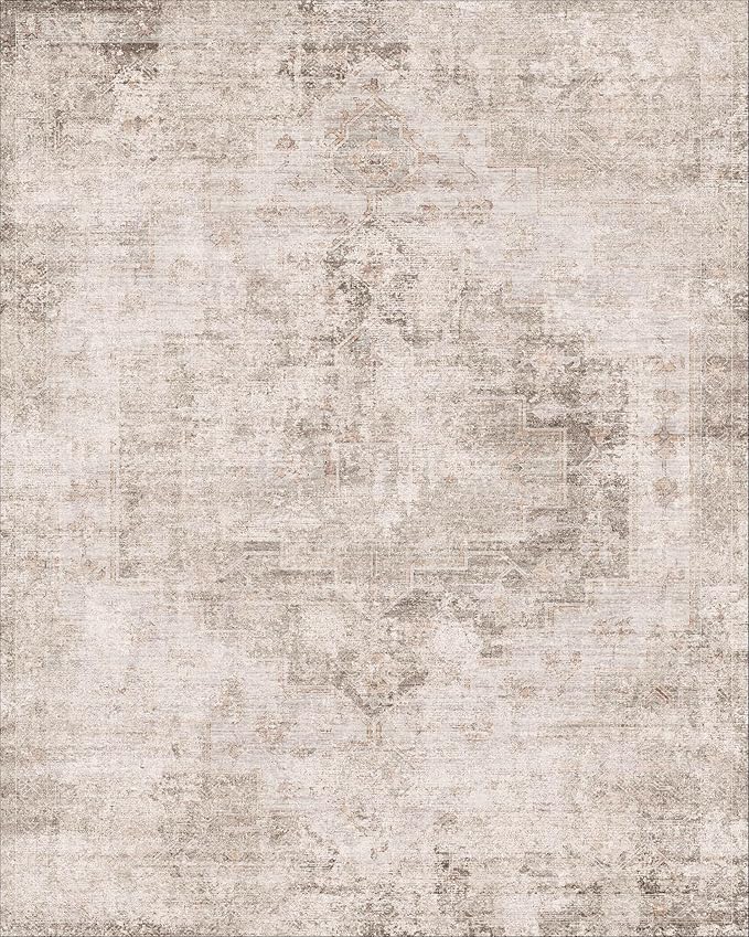 Hazo Haus Neutral Farmhouse Area Rug for Bedroom - 7x9 Washable Rug for Dining Room Table, Ultra-Thin Soft Textured Boho Abstract Indoor Decor, Fade & Stain Resistant