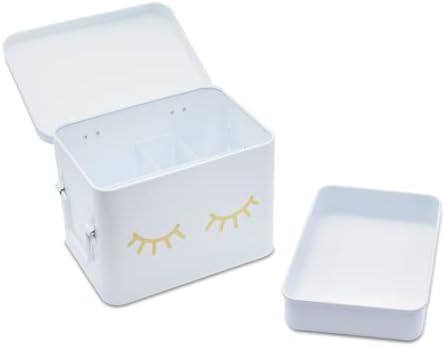 AQ Matte White & Gold Metal Storage Box - Removable Tray, Multipurpose Tin with Secure Lid for Cosmetics, Makeup, Toiletries, First Aid - Cute First Aid Box Tin, Minimalist Design
