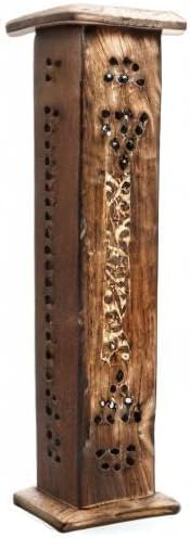 Hosley Hand-Carved Wooden Incense Stick Holder Tower – Tall Decorative Burner Box with Hinged Door for Aromatherapy, Meditation, Yoga, Home & Office Décor (Includes 20 Incense Sticks)
