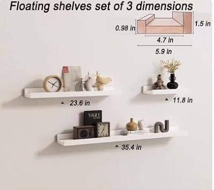 Radiator Cover Shelf, Long White Floating Shelves Set of 3 Wood Shelving Wall Mounted for Living Room Bedroom Kitchen Bathroom Office Storage Organizer Decoration (White, Set of 3)