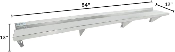 Empura 12" x 84" Stainless Steel Wall Mount Shelf with Backsplash | Commercial Floating Hanging Storage Organizer for Kitchen Laundry Utility Room | 84"W x 12"D x 13"H, 340 lb Capacity, 18 Gauge, NSF
