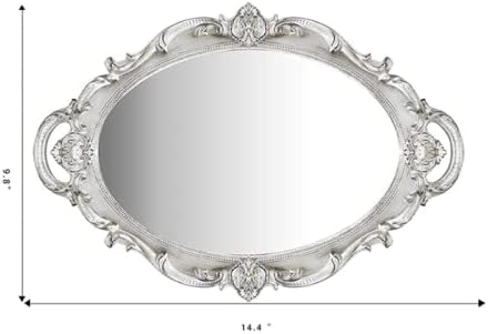 Oval Printed Decorative Mirror Tray, French Style, Mirror, Makeup Organizer, Jewelry Organizer, Serving Tray, 9.8"x 14.6", Gold