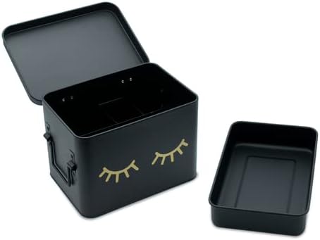 AQ Matte Black & Gold Metal Storage Box - Removable Tray, Multipurpose Tin with Secure Lid for Cosmetics, Makeup, Toiletries, First Aid - Cute First Aid Box Tin, Minimalist Design