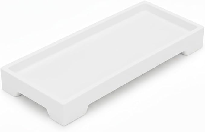 Countertop Vanity Tray - Silicone Bathroom Sink Organizer & Kitchen Soap Tray, Footed Anti-Slip Design, Waterproof Caddy for Perfume, Jewelry, Makeup, Bottle, Oil, Sponge Holder, White (L10 x W 4.2")