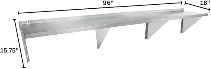 Empura 18" x 96" Stainless Steel Wall Mount Shelf with Backsplash | Commercial Floating Hanging Storage Organizer for Kitchen Laundry Utility | 96"W x 18"D x 15.75"H, 605 lb Capacity, 16 Gauge, NSF
