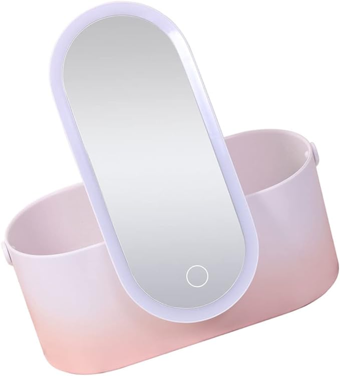 Housoutil Portable Makeup Organizer with Led Mirror Handheld Storage Box for Travel High Definition Rotating Makeup Mirror Sturdy Abs Material for Use