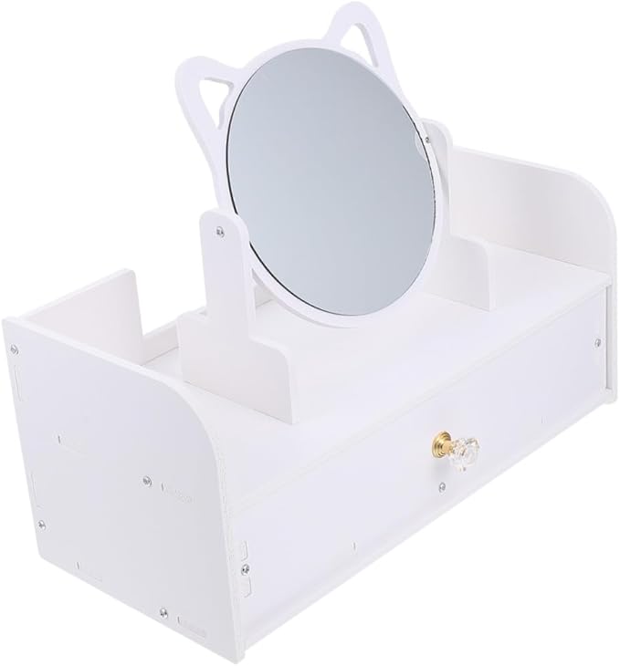 Makeup Vanity Mirror with Storage Case, Large Desktop Standing Mirror with Single Drawer, Round Cosmetic Organizer for Women’s Tabletop Dressing Table
