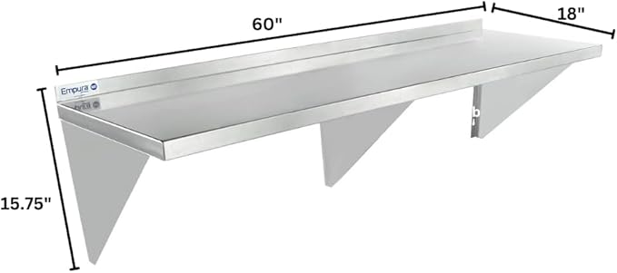 Empura 18" x 60" Stainless Steel Wall Mount Shelf with Backsplash | Commercial Floating Hanging Storage Organizer for Kitchen Laundry Utility | 60"W x 18"D x 15.75"H, 450 lb Capacity, 16 Gauge, NSF