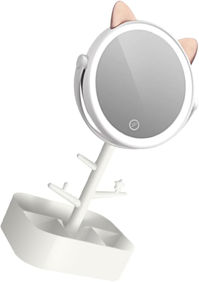 GANAZONO LED Makeup Mirror with Storage Case Smart Dimming 360° Swivel Vanity Mirror Rechargeable with Creative Cat Organizer for Makeup and Dressing Table
