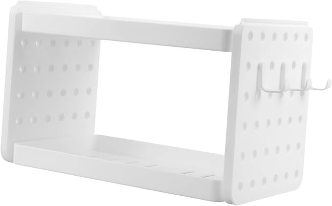 Amosfun Double Layer Makeup Organizer Compact Cosmetics Storage Rack for Bathroom Home with Bucket Hooks Design for Easy Access and Organization