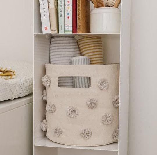 Pehr Pom Pom Basket, Pint (Grey) | 100% Cotton Canvas Storage for Nursery, Playroom & Home | Decorative Organizer | 10”D x 9”H