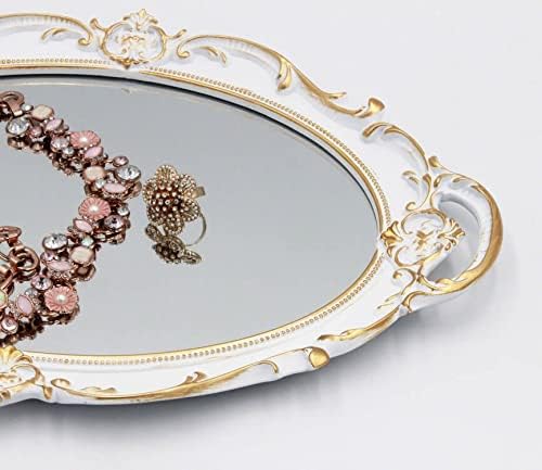 Funerom Vintage 14.5 x 10 inch Mirror Tray, Makeup Organizer, Jewelry Organizer, Serving Tray,Oval Antique White