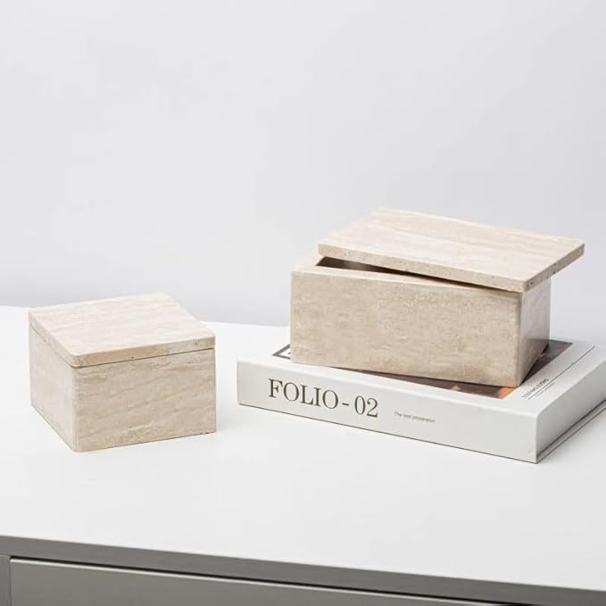 Natural Marble Storage Rectangle Containers Cotton Swab Holder, Organizers with Lids,Travertine Stone Box for Qtips, Makeup, Bathroom Essentials & Home Storage (rectangular box)