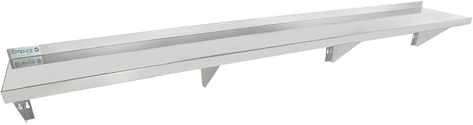 Empura 12" x 84" Stainless Steel Wall Mount Shelf with Backsplash | Commercial Floating Hanging Storage Organizer for Kitchen Laundry Utility Room | 84"W x 12"D x 13"H, 340 lb Capacity, 18 Gauge, NSF