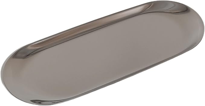 Stainless Steel Decorative Storage Organizer Plate，Dish Plate Tea Tray Fruit Trays for Jewelry, Fruit, Food, Makeup Cosmetic, Towel, Perfume, Candle Trimmer, Silver, Oval, 9.06" x 3.7"
