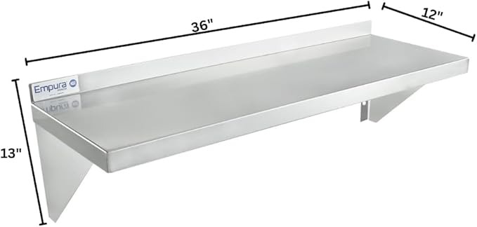 Empura 12" x 36" Stainless Steel Wall Mount Shelf with Backsplash | Commercial Floating Hanging Storage Organizer for Kitchen Laundry Utility Room | 36"W x 12"D x 13"H, 230 lb Capacity, 18 Gauge, NSF