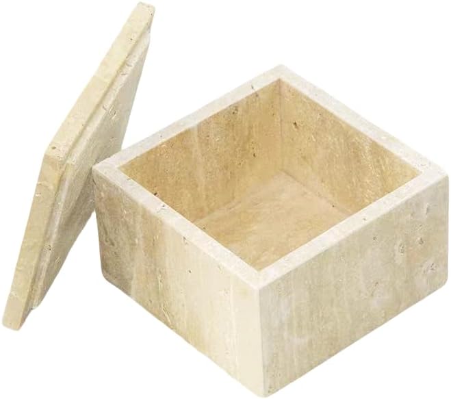 Natural Marble Storage Square Containers Cotton Swab Holder, Organizers with Lids,Travertine Stone Box for Qtips, Makeup, Bathroom Essentials & Home Storage (square box)