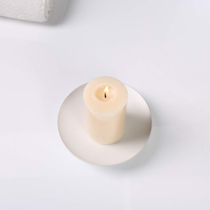 Scwhousi White Iron Plate Candle Holder,Decorative Iron Pillar Candle Holder, Set of 3,Candle Stand for Wax Candles