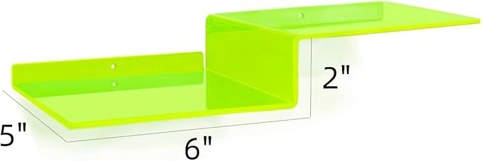 SetGame 2-Pack Acrylic Shelves Z-Shaped Display Stand Wall Mounted, 12 Inch Wall Storage Organizer for Toys, Books, Plants, Photos Album, Suit for Office, Living Room, Room Decor (Neon Green)