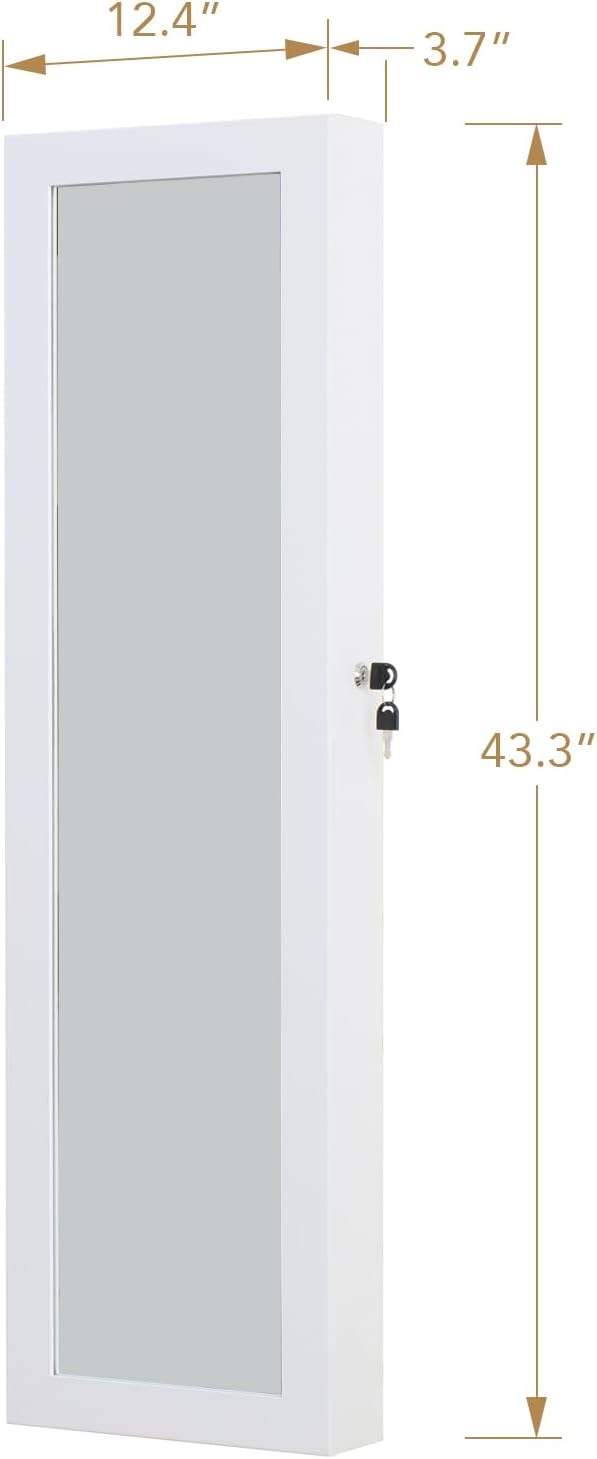 Full Length Mirror Jewelry Cabinet Organizer Lockable Door Wall-Mounted Jewelry Armoire with Shelves and Behind-the-Door Storage - White