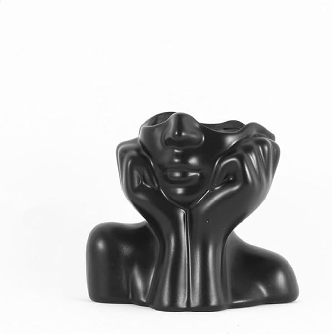 Face Vase – Small Human Body Art Vase in Resin,Women’s Head Shape for Flowers, Makeup Organizer & Desk Decor (Black)