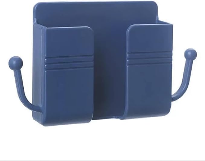 Phone Holder Wall Mount with Hangers for Cables and Charge Port, Holder tv Remote, Makeup Organizer, Stand to Improve Your House. (Blue)
