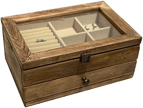 Makeup Organizer Jewelry Case Organizer Jewelry Storage Jewelry Box Solid Wood Retro Distressed Wooden Jewelry Organizer Box With Clear Lid Double-Layer Jewelry Case For Rings Jewelry Box Je