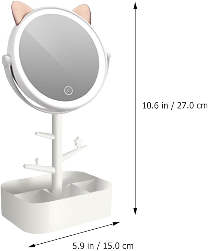 LED Makeup Mirror with Storage Box, Dimmable Rechargeable Tabletop Vanity Mirror with Desktop Organizer, Small Size Creative Cat Design for Makeup Supplies and Dressing Table Use