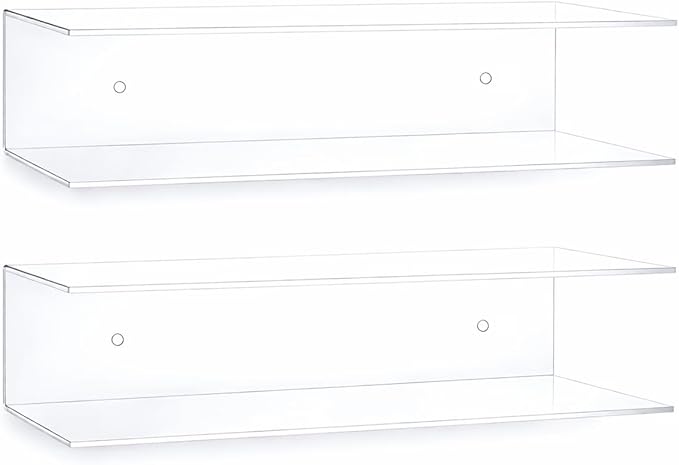 Clear Acrylic Floating Shelves - 2 Tier Wall Mounted Bathroom Organizer Set of 2 (18") - Space Saving Display Shelf for Makeup, Skincare, Kitchen Spices, & Home Decor